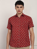 BLOCKS OF INDIA Cotton Hand Block Print Half Sleeves Summer Shirt for Men Red Turq Buti