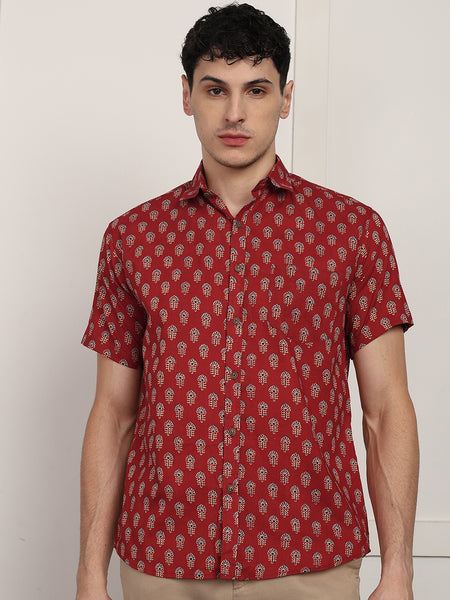 BLOCKS OF INDIA Cotton Hand Block Print Half Sleeves Summer Shirt for Men Red Turq Buti