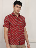 BLOCKS OF INDIA Cotton Hand Block Print Half Sleeves Summer Shirt for Men Red Turq Buti