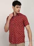 BLOCKS OF INDIA Cotton Hand Block Print Half Sleeves Summer Shirt for Men Red Turq Buti