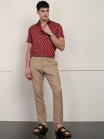BLOCKS OF INDIA Cotton Hand Block Print Half Sleeves Summer Shirt for Men Red Turq Buti