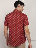 BLOCKS OF INDIA Cotton Hand Block Print Half Sleeves Summer Shirt for Men Red Turq Buti