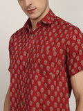 BLOCKS OF INDIA Cotton Hand Block Print Half Sleeves Summer Shirt for Men Red Turq Buti