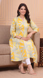 Cotton Hand Block Print A Line Kurta for Women (Yellow Tree)