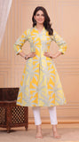 Cotton Hand Block Print A Line Kurta for Women (Yellow Tree)