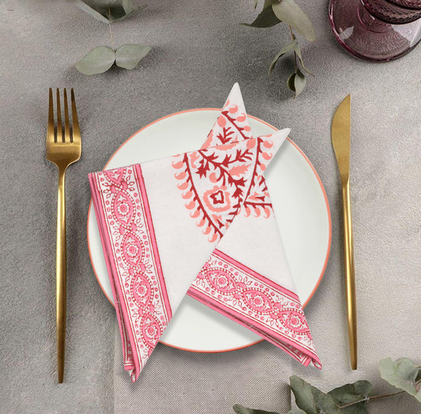 BLOCKS OF INDIA Hand Block Print Cotton Table Napkin (Pink Boota)