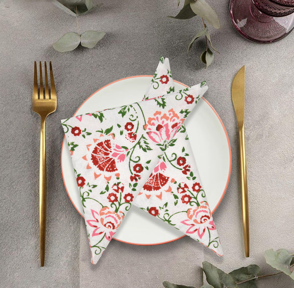 BLOCKS OF INDIA Hand Block Print Cotton Table Napkin (Pink jaal)