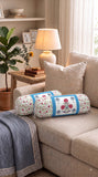 Rajasthani Handmade Hand Block Print Cotton Bolster Cover , Open Blue Motif (2 Pcs)
