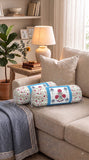 Rajasthani Handmade Hand Block Print Cotton Bolster Cover , Open Blue Motif (2 Pcs)