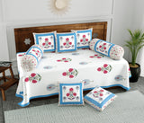 Diwan Set Cotton 8 Piece | Deewan Printed Bedsheet Sets for Living Room Hall (Set of 8 Piece, 1-Bed Sheet | 2-Bolster Cover | 5-Cushion Cover Open Blue Motif
