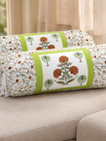 Rajasthani Handmade Hand Block Print Cotton Bolster Cover , Open Green Motif (2 Pcs)