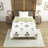 Cotton Single Size Quilt Hand Block Print for Light Winters (150x225 cm) (Open Green Motif)