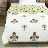 Cotton Single Size Quilt Hand Block Print for Light Winters (150x225 cm) (Open Green Motif)