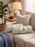 Rajasthani Handmade Hand Block Print Cotton Bolster Cover , Open Green Motif (2 Pcs)