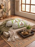 Rajasthani Handmade Hand Block Print Cotton Bolster Cover , Open Green Motif (2 Pcs)