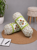 Rajasthani Handmade Hand Block Print Cotton Bolster Cover , Open Green Motif (2 Pcs)