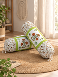 Rajasthani Handmade Hand Block Print Cotton Bolster Cover , Open Green Motif (2 Pcs)