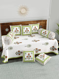 Diwan Set Cotton 8 Piece | Deewan Printed Bedsheet Sets for Living Room Hall (Set of 8 Piece, 1-Bed Sheet | 2-Bolster Cover | 5-Cushion Cover Open Green Motif