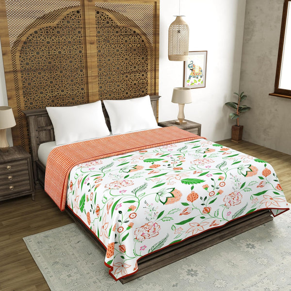 Cotton Dohar / Blanket King Bed Size Hand Block Printed (Orange Anar Jaal)