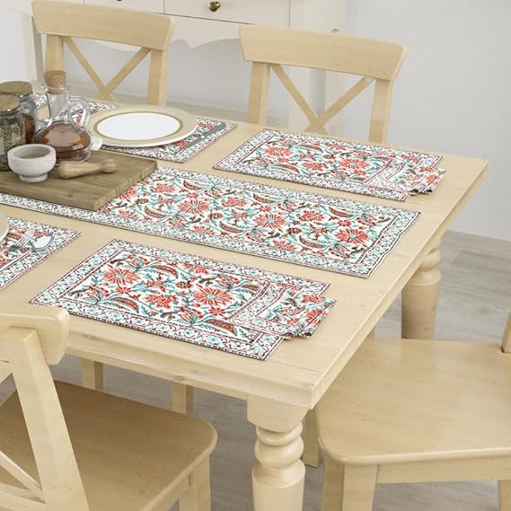 BLOCKS OF INDIA Hand Block Printed Cotton Table Runner, Mat and Napkin Set for Center/Dining Table (Orange Jaal)