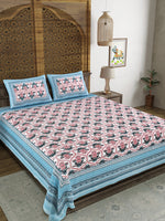 BLOCKS OF INDIA Sanganeri Print Cotton Viscose Economy King Size Bedsheet (225 X 270 CM) SAPPHIRE PATTERN 23