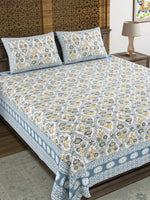 BLOCKS OF INDIA Sanganeri Print Cotton Viscose Economy King Size Bedsheet (225 X 270 CM) SAPPHIRE PATTERN 35