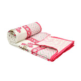 Hand Block Printed Cotton Summer Queen Size Reversible Printed Malmal Dohar Pink Flower