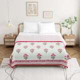 Hand Block Printed Cotton Summer Queen Size Reversible Printed Malmal Dohar Pink Flower