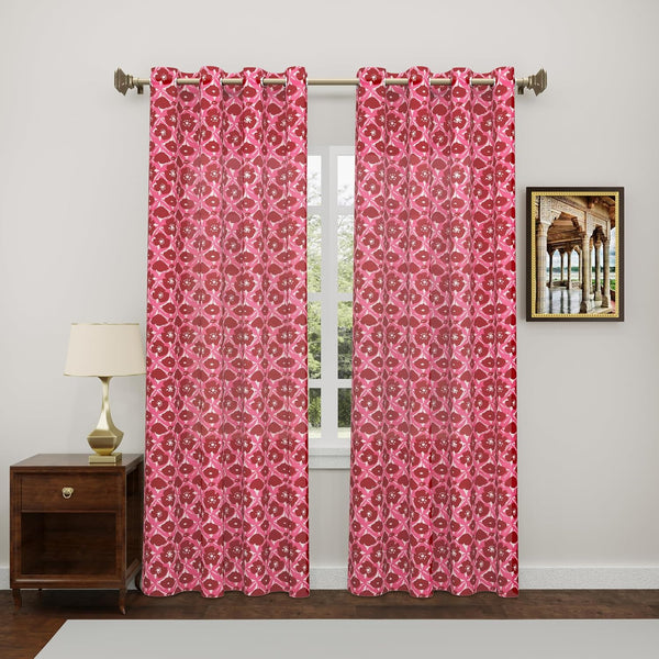 BLOCKS OF INDIA Hand Block Printed Cotton Daylight Curtain with Eyelets(Set of 2 Curtains) (Flower 244 cm / Door) (Pink flower)