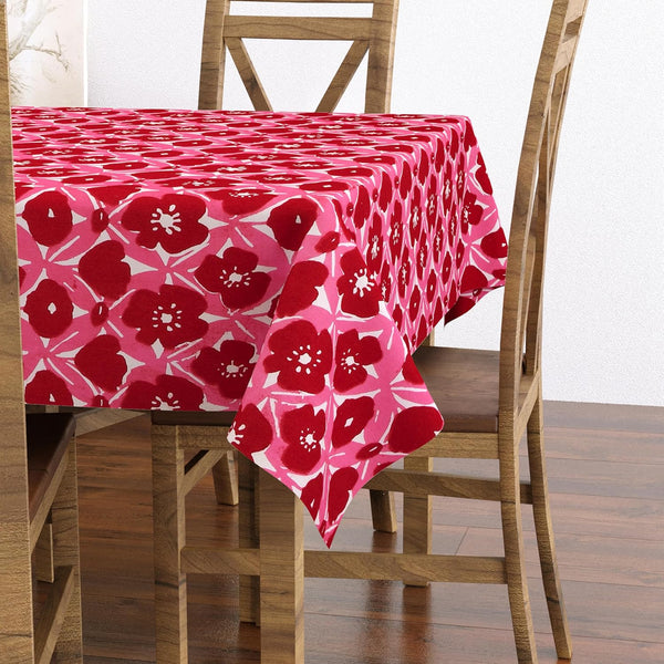 BLOCKS OF INDIA Cotton Hand Block Print Rectangular Table Cloth for 4 Seater Dining Table (46 Inch X 60 Inch) (Pink Flower)