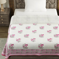 BLOCKS OF INDIA Hand Block Printed Cotton Summer Single Size Reversible Printed Malmal Dohar Pink Flower