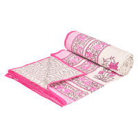 BLOCKS OF INDIA Hand Block Printed Cotton Summer Single Size Reversible Printed Malmal Dohar Pink Flower