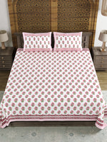 King Size Pure Cotton Hand Block Print Bedsheet (Pink Green Buti)
