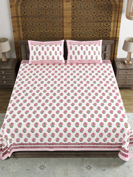 King Size Pure Cotton Hand Block Print Bedsheet (Pink Green Buti)