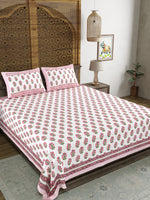 King Size Pure Cotton Hand Block Print Bedsheet (Pink Green Buti)