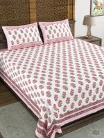 King Size Pure Cotton Hand Block Print Bedsheet (Pink Green Buti)