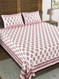 King Size Pure Cotton Hand Block Print Bedsheet (Pink Green Buti)