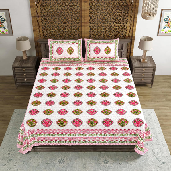 King Size Pure Cotton Hand Block Print Bedsheet (PINK GREEN ROSE)