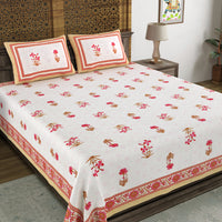 BLOCKS OF INDIA Hand Block Print Cotton King Size Bedsheet Pink Peach Flower
