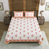 BLOCKS OF INDIA Hand Block Print Cotton King Size Bedsheet Pink Peach Flower
