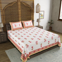 BLOCKS OF INDIA Hand Block Print Cotton King Size Bedsheet Pink Peach Flower