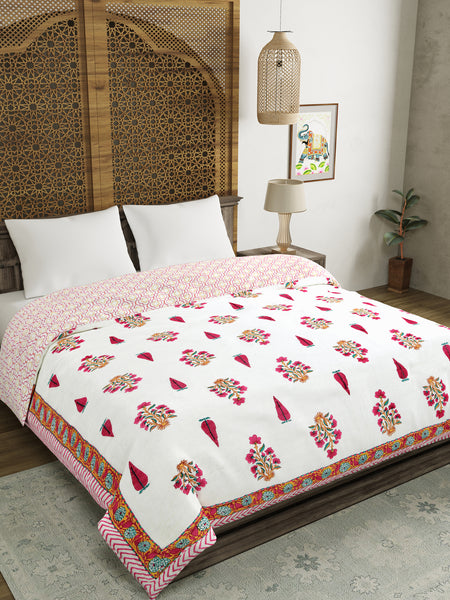 BLOCKS OF INDIA Hand Block Printed Cotton King Size Quilt (Pink Rose)