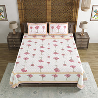 BLOCKS OF INDIA Hand Block Printed Cotton Super King Size Bedsheet(270 x 270) (Pink Grey Tree)