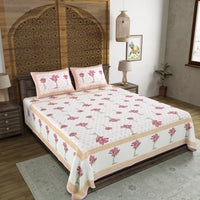 BLOCKS OF INDIA Hand Block Printed Cotton Super King Size Bedsheet(270 x 270) (Pink Grey Tree)