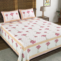 BLOCKS OF INDIA Hand Block Printed Cotton Super King Size Bedsheet(270 x 270) (Pink Grey Tree)