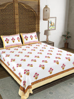 BLOCKS OF INDIA Hand Block Printed Cotton Super King Size Bedsheet(245 X 270 CM) (PINK YELLOW)