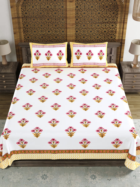 BLOCKS OF INDIA Hand Block Printed Cotton Super King Size Bedsheet(245 X 270 CM) (PINK YELLOW)