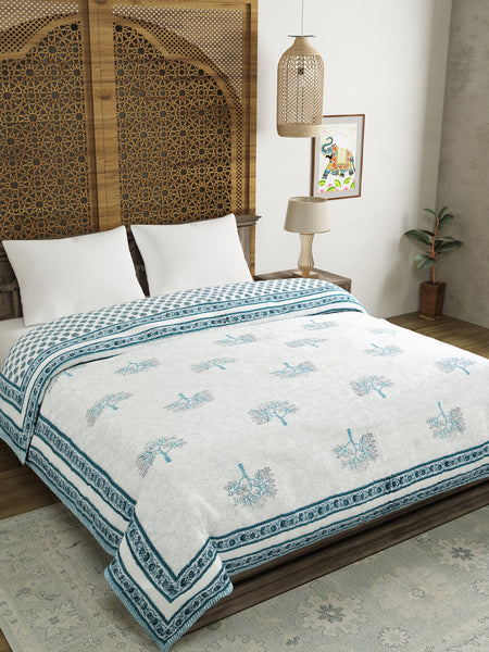 BLOCKS OF INDIA Hand Block Printed Cotton King Size Quilt (Blue tree)