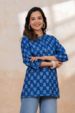 BLOCKS OF INDIA Cotton Hand Printed Short Kurti for Women Short Blue Gad Buti