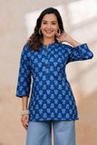 BLOCKS OF INDIA Cotton Hand Printed Short Kurti for Women Short Blue Gad Buti